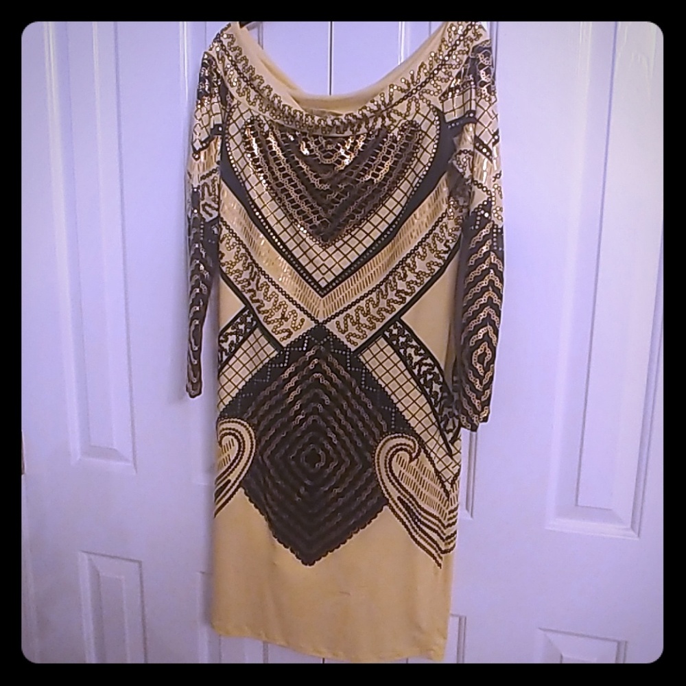 Bodycon Dress yellow with gold foil design